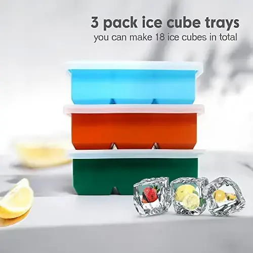 Excnorm Silicone Ice Cube Trays 3 Pack - Large Size Silicone Ice Cube Molds with Leak Proof Removable Lid Square Ice Cube Tray And BPA Free for Cocktail,Whiskey, Stackable Flexible Ice - 5