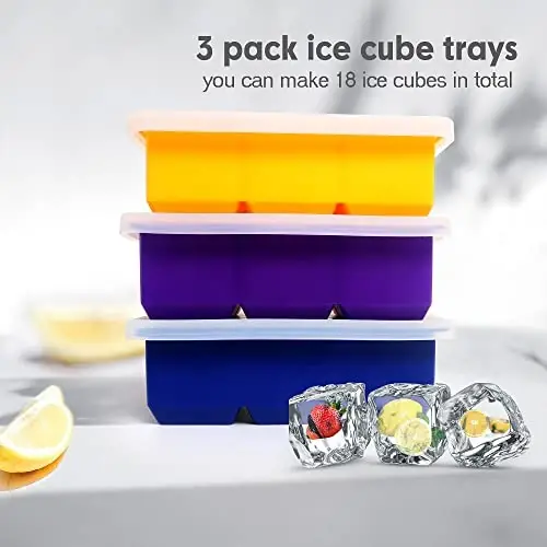 Excnorm Silicone Ice Cube Trays 3 Pack - Large Size Silicone Ice Cube Molds with Leak Proof Removable Lid Square Ice Cube Tray And BPA Free for Cocktail,Whiskey, Stackable Flexible Ice - 4