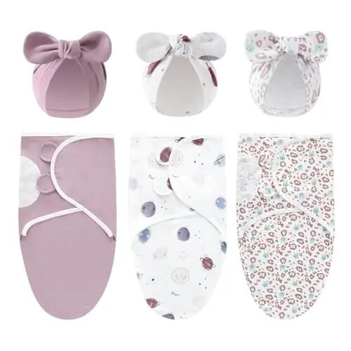 Exemaba 3-Pack Baby Swaddles for Newborns with Bow Hat for Girls Purple Set | Cotton Sleep Sacks Nursery Swaddling Blanket for 0-3 Months Infant Registry Essentials Adjustable & Easy Fastener - Exemaba