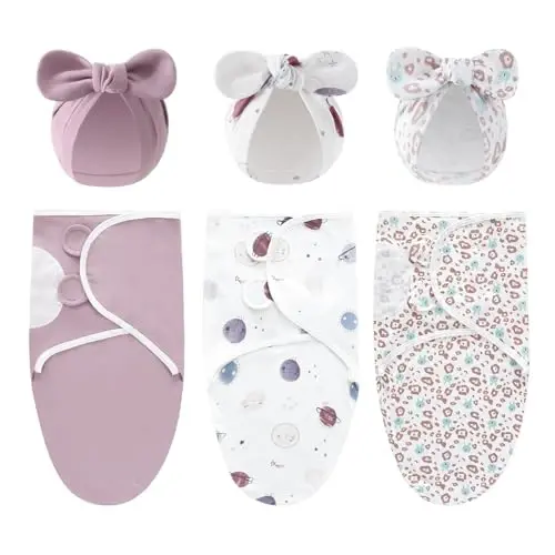 Exemaba 3-Pack Baby Swaddles for Newborns with Bow Hat for Girls Purple Set | Cotton Sleep Sacks Nursery Swaddling Blanket for 0-3 Months Infant Registry Essentials Adjustable & Easy Fastener - 1