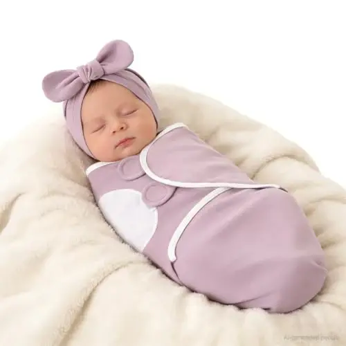 Exemaba 3-Pack Baby Swaddles for Newborns with Bow Hat for Girls Purple Set | Cotton Sleep Sacks Nursery Swaddling Blanket for 0-3 Months Infant Registry Essentials Adjustable & Easy Fastener - 5