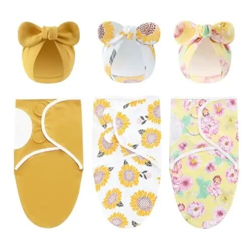 Exemaba 3-Pack Baby Swaddles for Newborns with Bow Hat for Girls Yellow Set | Cotton Sleep Sacks Nursery Swaddling Blanket for 0-3 Months Infant Registry Essentials Adjustable & Easy Fastener - Exemaba