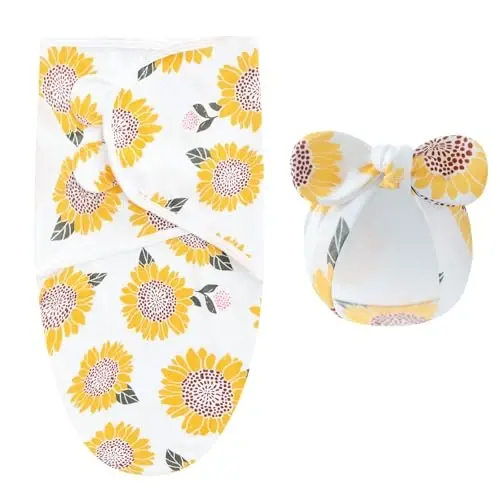Exemaba 3-Pack Baby Swaddles for Newborns with Bow Hat for Girls Yellow Set | Cotton Sleep Sacks Nursery Swaddling Blanket for 0-3 Months Infant Registry Essentials Adjustable & Easy Fastener - 3