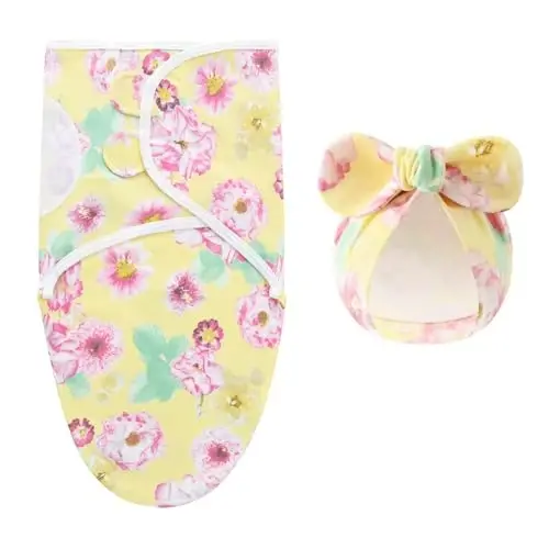 Exemaba 3-Pack Baby Swaddles for Newborns with Bow Hat for Girls Yellow Set | Cotton Sleep Sacks Nursery Swaddling Blanket for 0-3 Months Infant Registry Essentials Adjustable & Easy Fastener - 4
