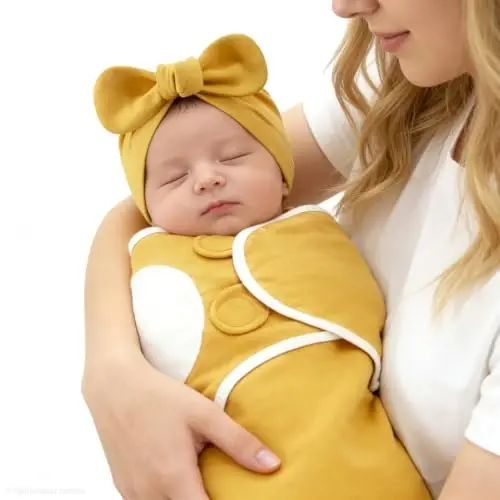Exemaba 3-Pack Baby Swaddles for Newborns with Bow Hat for Girls Yellow Set | Cotton Sleep Sacks Nursery Swaddling Blanket for 0-3 Months Infant Registry Essentials Adjustable & Easy Fastener - 5