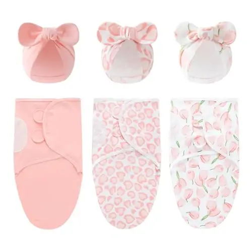 Exemaba 3-Pack Baby Swaddles for Newborns with Bow Hat Pink/Heart/Tulips | Cotton Sleep Sacks Nursery Swaddling Blanket for 0-3 Months Infant Girls Registry Essentials Adjustable & Easy Fastener - 1