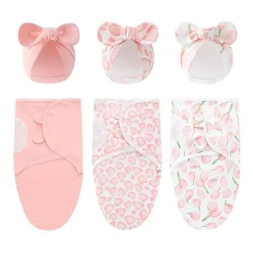 Exemaba 3-Pack Baby Swaddles for Newborns with Bow Hat Pink/Heart/Tulips | Cotton Sleep Sacks Nursery Swaddling Blanket for 0-3 Months Infant Girls Registry Essentials Adjustable & Easy Fastener - Exemaba