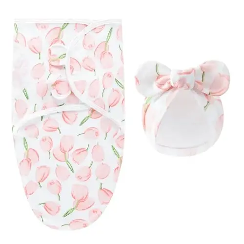 Exemaba 3-Pack Baby Swaddles for Newborns with Bow Hat Pink/Heart/Tulips | Cotton Sleep Sacks Nursery Swaddling Blanket for 0-3 Months Infant Girls Registry Essentials Adjustable & Easy Fastener - 5