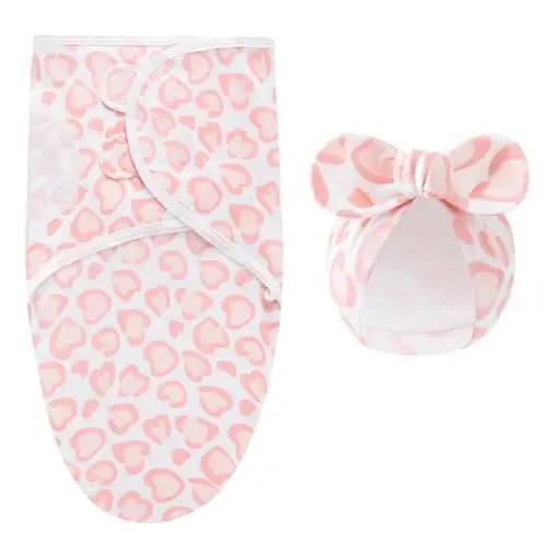 Exemaba 3-Pack Baby Swaddles for Newborns with Bow Hat Pink/Heart/Tulips | Cotton Sleep Sacks Nursery Swaddling Blanket for 0-3 Months Infant Girls Registry Essentials Adjustable & Easy Fastener - 6