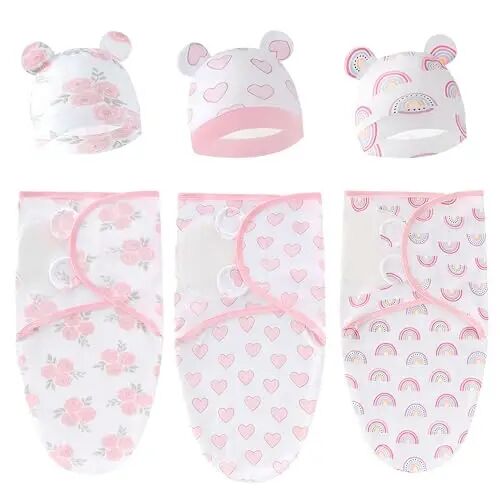 Exemaba 3-Pack Baby Swaddles for Newborns with Hat for Girls(Flower Set) | Cotton Sleep Sacks Nursery Swaddling Blanket for 0-3 Months Infant Registry Essentials Adjustable & Easy Fastener - Exemaba