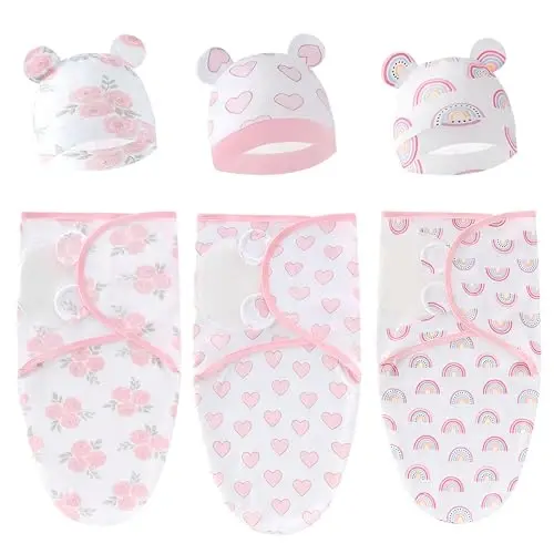 Exemaba 3-Pack Baby Swaddles for Newborns with Hat for Girls(Flower Set) | Cotton Sleep Sacks Nursery Swaddling Blanket for 0-3 Months Infant Registry Essentials Adjustable & Easy Fastener - 1