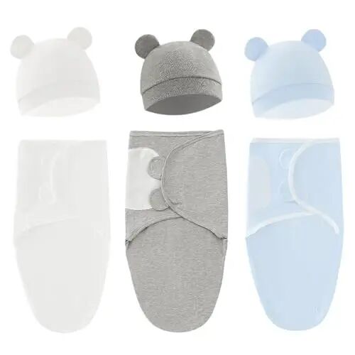 Exemaba 3-Pack Unisex Baby Swaddles for Newborns with Hat White/Grey/Blue | Cotton Sleep Sacks Nursery Swaddling Blanket for 0-3 Months Infant Registry Essentials Adjustable & Easy Fastener - Exemaba