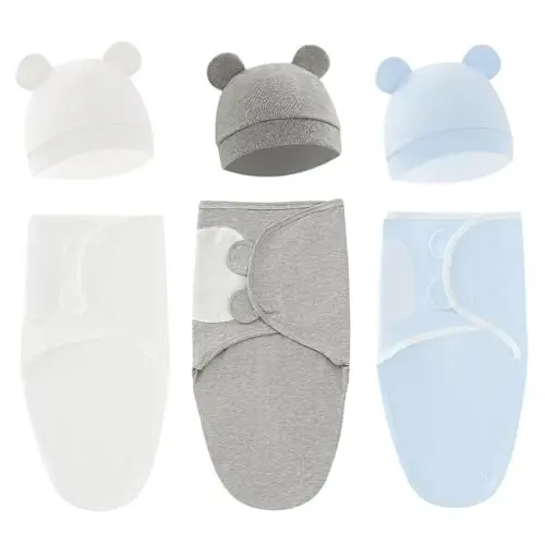 Exemaba 3-Pack Unisex Baby Swaddles for Newborns with Hat White/Grey/Blue | Cotton Sleep Sacks Nursery Swaddling Blanket for 0-3 Months Infant Registry Essentials Adjustable & Easy Fastener - 1