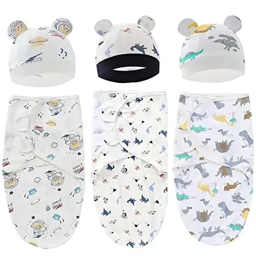 Exemaba Baby Swaddle Sleep Sack with Hat Set for 0-3 months 3-Pack Soft Cotton Newborn Wearable Swaddle Wrap for Girls Boys - 1