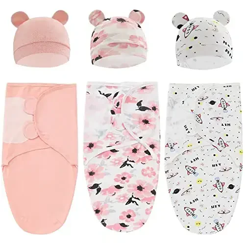 Exemaba Baby Swaddle Sleep Sack with Hat Set for 0-3 months 3-Pack Soft Cotton Newborn Wearable Swaddle Wrap for Girls Boys - 1