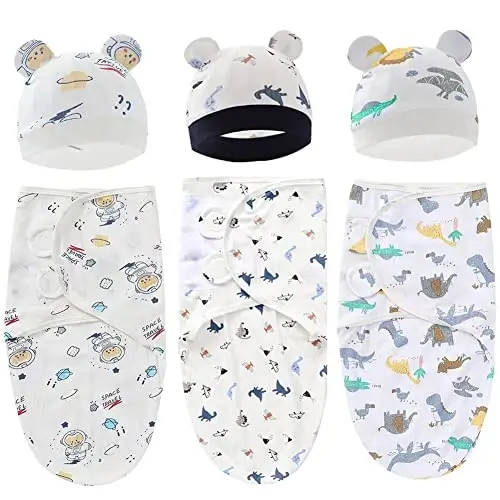Exemaba Baby Swaddle Sleep Sack with Hat Set for 0-3 months 3-Pack Soft Cotton Newborn Wearable Swaddle Wrap for Girls Boys - 1
