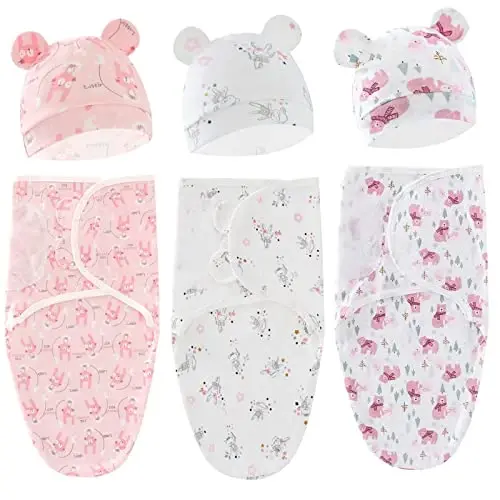 Exemaba Baby Swaddle Sleep Sack with Hat Set for 0-3 months 3-Pack Soft Cotton Newborn Wearable Swaddle Wrap for Girls Boys - 1