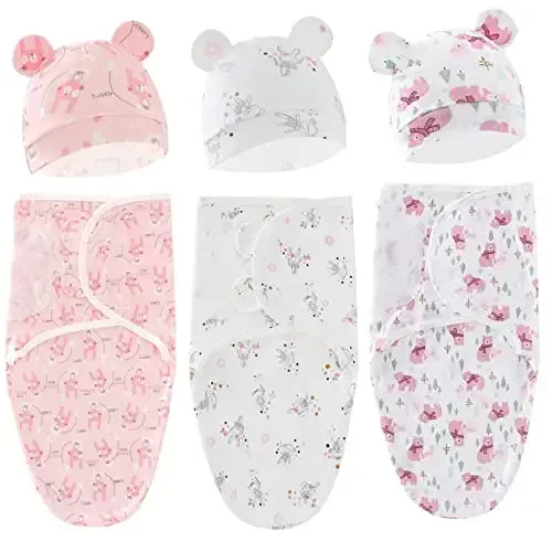 Exemaba Baby Swaddle Sleep Sack with Hat Set for 0-3 months 3-Pack Soft Cotton Newborn Wearable Swaddle Wrap for Girls Boys - 1
