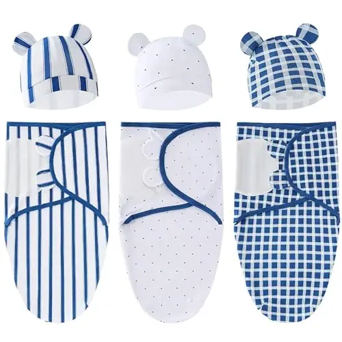 Exemaba Unisex 3-Pack Baby Swaddles for Newborns with Bear Hat (Blue Set) | Cotton Sleep Sacks Nursery Swaddling Blanket for 0-3 Months Infant Registry Essentials Adjustable & Easy Fastener - 1