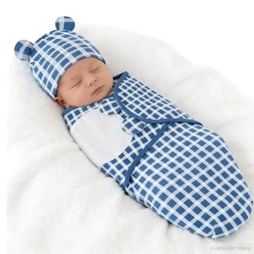 Exemaba Unisex 3-Pack Baby Swaddles for Newborns with Bear Hat (Blue Set) | Cotton Sleep Sacks Nursery Swaddling Blanket for 0-3 Months Infant Registry Essentials Adjustable & Easy Fastener - 4