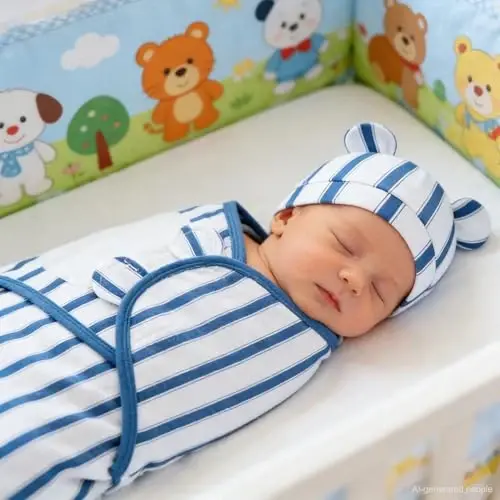 Exemaba Unisex 3-Pack Baby Swaddles for Newborns with Bear Hat (Blue Set) | Cotton Sleep Sacks Nursery Swaddling Blanket for 0-3 Months Infant Registry Essentials Adjustable & Easy Fastener - 5