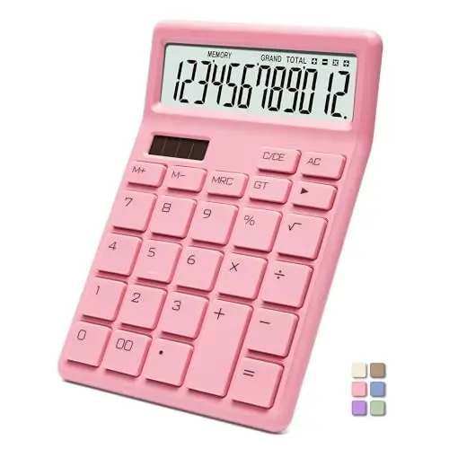 Exlliy Desk Calculator 12 Digit,Pink Desktop Dual Power Battery and Solar,Desk Calculators with Large LCD Display,Perfect for Home, Office,and School Use,Auto Sleep - 1
