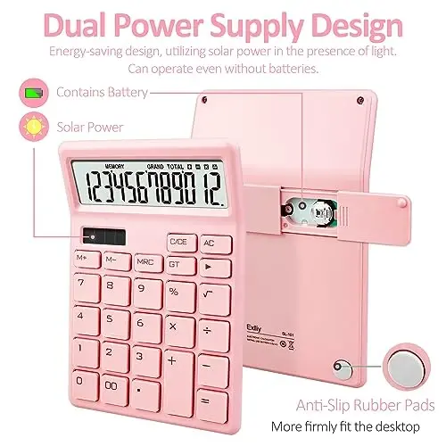 Exlliy Desk Calculator 12 Digit,Pink Desktop Dual Power Battery and Solar,Desk Calculators with Large LCD Display,Perfect for Home, Office,and School Use,Auto Sleep - 2
