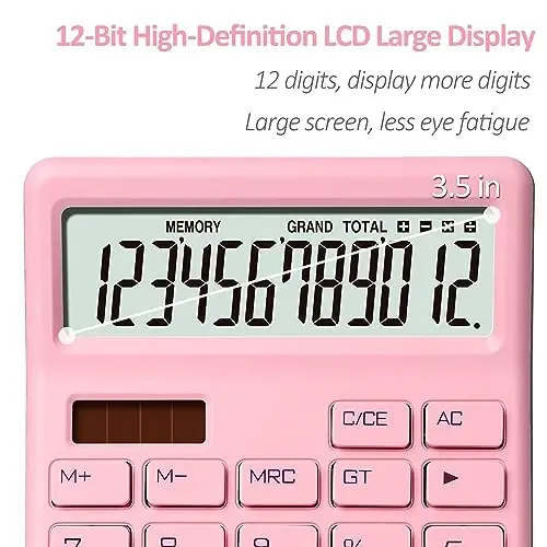 Exlliy Desk Calculator 12 Digit,Pink Desktop Dual Power Battery and Solar,Desk Calculators with Large LCD Display,Perfect for Home, Office,and School Use,Auto Sleep - 3