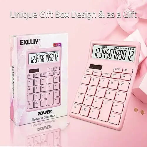 Exlliy Desk Calculator 12 Digit,Pink Desktop Dual Power Battery and Solar,Desk Calculators with Large LCD Display,Perfect for Home, Office,and School Use,Auto Sleep - 6