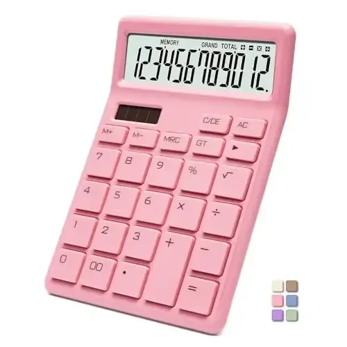 Exlliy Desk Calculator 12 Digit,Pink Desktop Dual Power Battery and Solar,Large LCD displeyli stol kalkulyatorlari, uy, ofis va maktabda foydalanish uchun ideal, avtomatik uyqu 