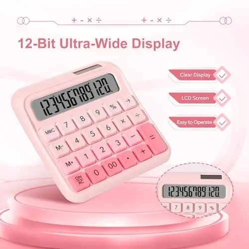 Exlliy Desk Calculator,12 Digits, Large LCD Display,Big Buttons,Solar and Battery Dual Power Desktop Calculators,Cute and Aesthetic,Suitable for Office & Study - 3