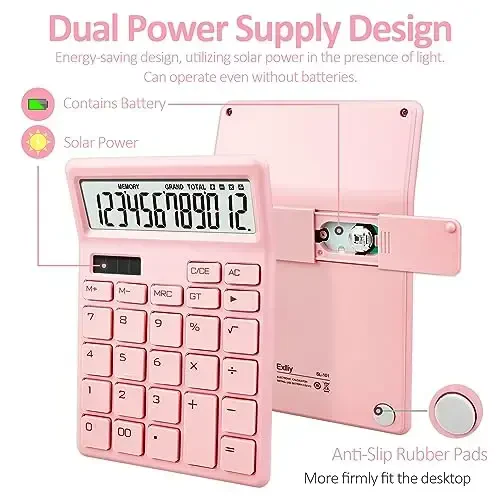 Exlliy Desk Calculator 12 Digit,Pink Desktop Dual Power Battery and Solar,Desk Calculators with Large LCD Display,Perfect for Home, Office,and School Use,Auto Sleep - EXLLIY (1)