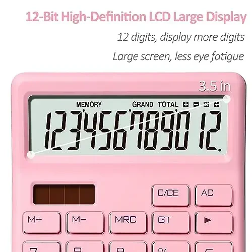 Exlliy Desk Calculator 12 Digit,Pink Desktop Dual Power Battery and Solar,Desk Calculators with Large LCD Display,Perfect for Home, Office,and School Use,Auto Sleep - 3