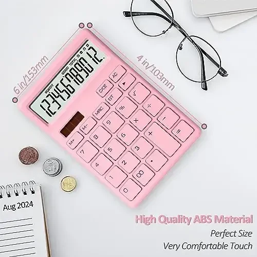 Exlliy Desk Calculator 12 Digit,Pink Desktop Dual Power Battery and Solar,Desk Calculators with Large LCD Display,Perfect for Home, Office,and School Use,Auto Sleep - 4