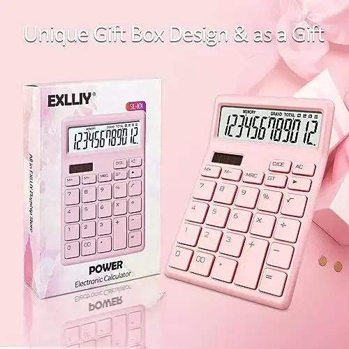 Exlliy Desk Calculator 12 Digit,Pink Desktop Dual Power Battery and Solar,Desk Calculators with Large LCD Display,Perfect for Home, Office,and School Use,Auto Sleep - 6