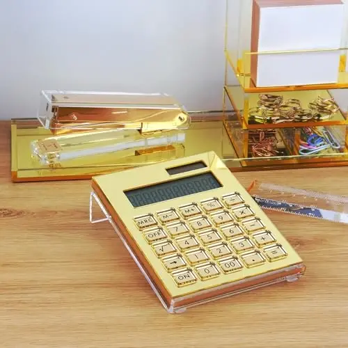EXPUTRAN Acrylic Calculator with Stand, Battery and Solar Hybrid Powered Basic Calculator 12-Digit LCD Display, Home Office Desktop Accessories(Gold) - 4