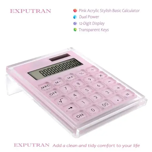 EXPUTRAN Acrylic Calculator with Stand, Battery and Solar Hybrid Powered Basic Calculator 12-Digit LCD Display,Home Office Desktop Accessories(Pink) - EXPUTRAN (1)