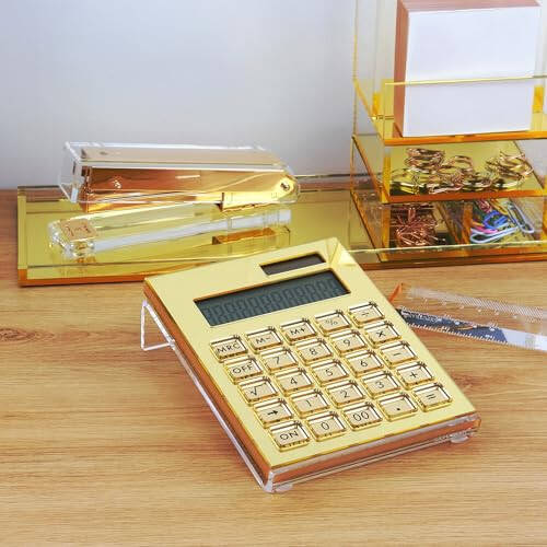 EXPUTRAN Akrilik hisoblagichi Stand, batareya va quyosh energiyasi bilan ishlaydigan asosiy hisoblagich 12 xonali LCD displey, uy ofis stoli aksessuarlari (oltin) - 2
