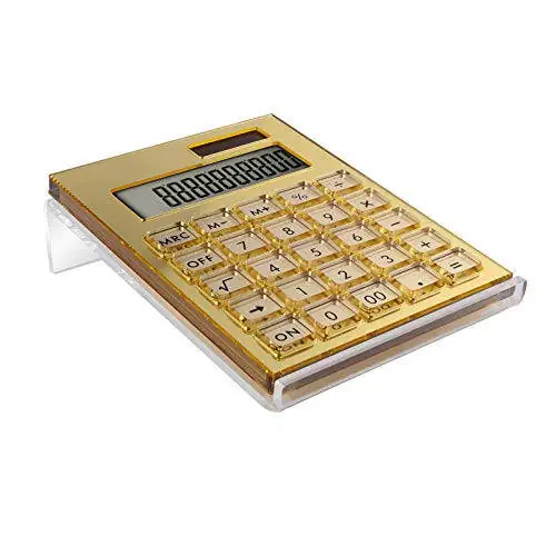EXPUTRAN Akrilik hisoblagichi Stand, batareya va quyosh energiyasi bilan ishlaydigan asosiy hisoblagich 12 xonali LCD displey, uy ofis stoli aksessuarlari (oltin) - 1