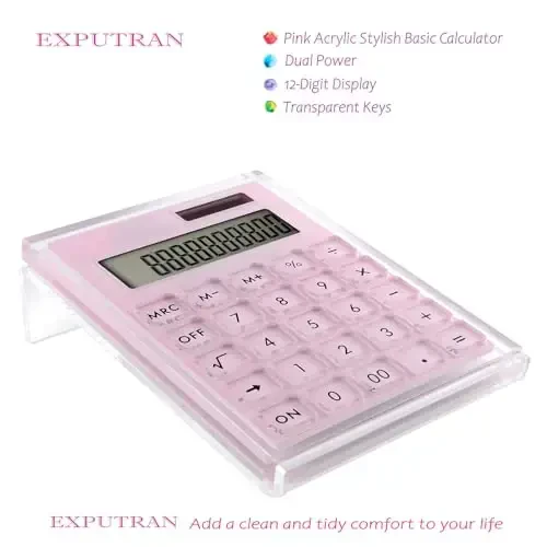 EXPUTRAN Acrylic Calculator with Stand, Battery and Solar Hybrid Powered Basic Calculator 12-Digit LCD Display,Home Office Desktop Accessories(Pink) - 2