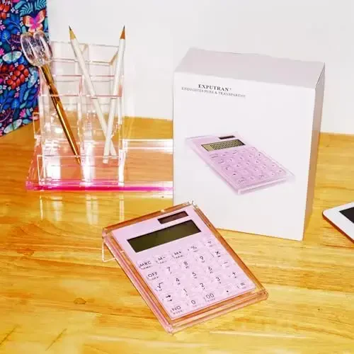 EXPUTRAN Acrylic Calculator with Stand, Battery and Solar Hybrid Powered Basic Calculator 12-Digit LCD Display,Home Office Desktop Accessories(Pink) - 6