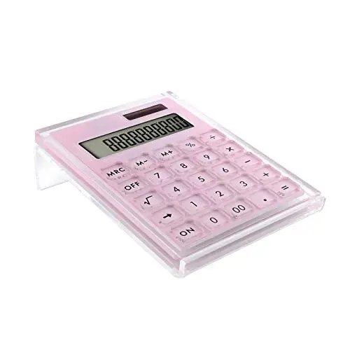EXPUTRAN Acrylic Calculator with Stand, Battery and Solar Hybrid Powered Basic Calculator 12-Digit LCD Display,Home Office Desktop Accessories(Pink) - EXPUTRAN