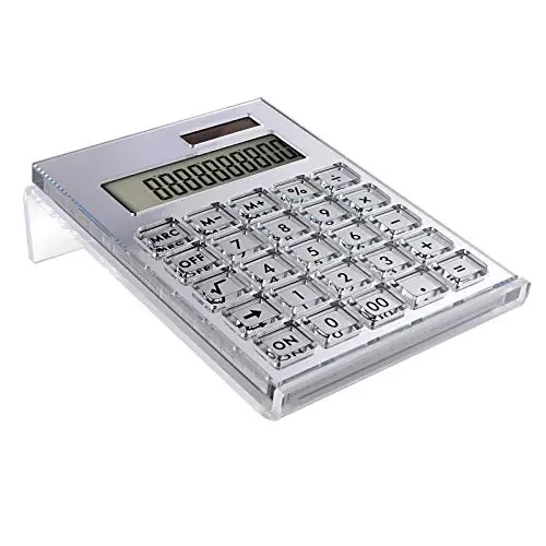 EXPUTRAN Acrylic Calculator with Stand, Battery and Solar Hybrid Powered Basic Calculator 12-Digit LCD Display,Home Office Desktop Accessories(Silver) - EXPUTRAN