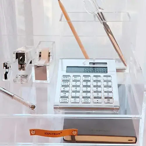 EXPUTRAN Acrylic Calculator with Stand, Battery and Solar Hybrid Powered Basic Calculator 12-Digit LCD Display,Home Office Desktop Accessories(Silver) - EXPUTRAN (1)