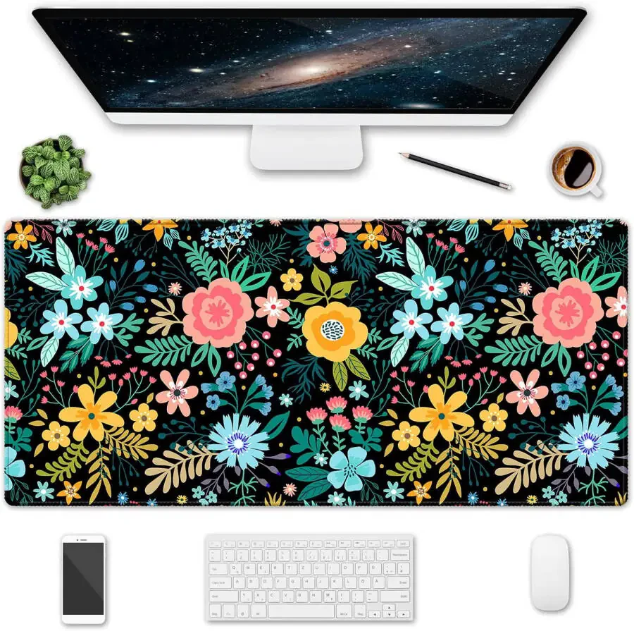 Extended Gaming Mouse Pad, 35.5x15.75 Non-Slip Large Desk Pad Mousepad with Stitched Edges Waterproof Keyboard Mouse Mat Desk Protector for Game, Office and Home, Black Blooming Flowers - 1