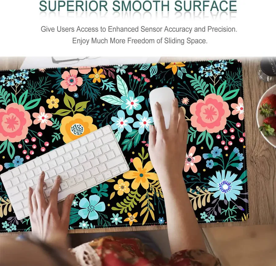 Extended Gaming Mouse Pad, 35.5x15.75 Non-Slip Large Desk Pad Mousepad with Stitched Edges Waterproof Keyboard Mouse Mat Desk Protector for Game, Office and Home, Black Blooming Flowers - 3