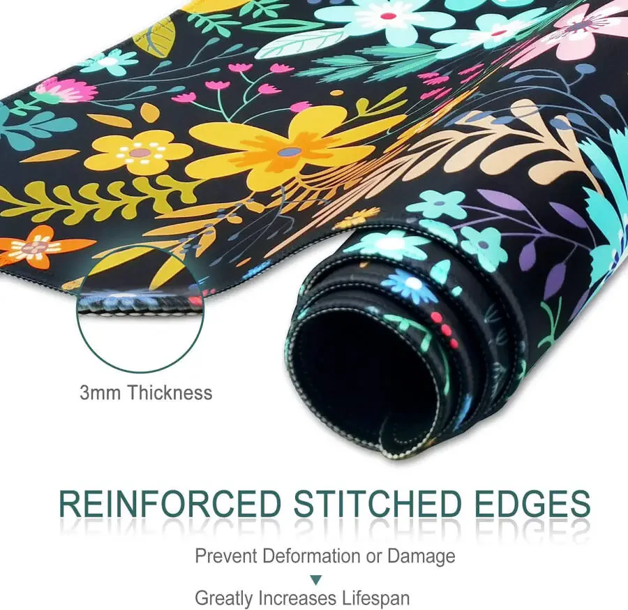 Extended Gaming Mouse Pad, 35.5x15.75 Non-Slip Large Desk Pad Mousepad with Stitched Edges Waterproof Keyboard Mouse Mat Desk Protector for Game, Office and Home, Black Blooming Flowers - 4