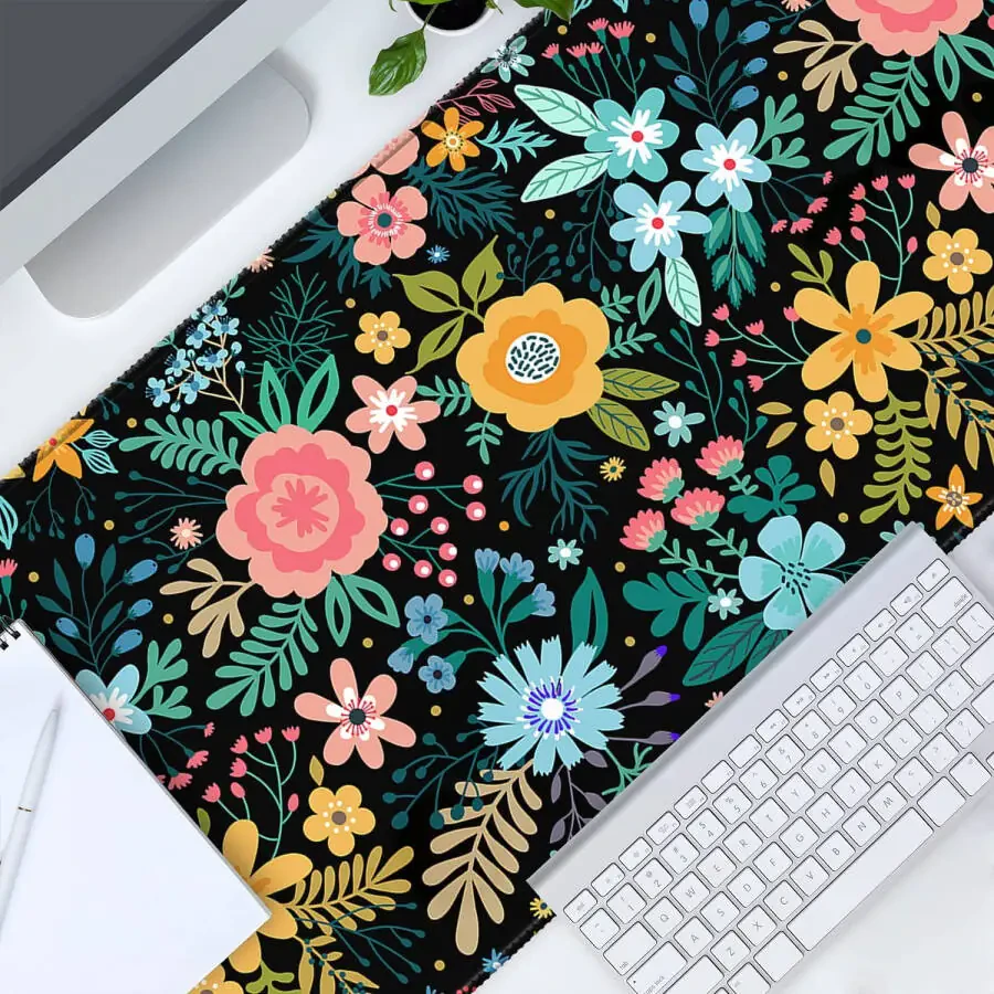 Extended Gaming Mouse Pad, 35.5x15.75 Non-Slip Large Desk Pad Mousepad with Stitched Edges Waterproof Keyboard Mouse Mat Desk Protector for Game, Office and Home, Black Blooming Flowers - 6