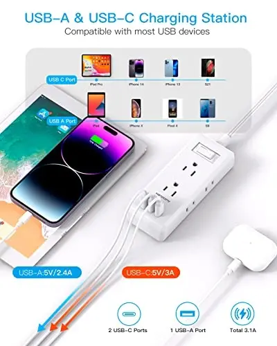 Extension Cord 15 Ft, HANYCONY Flat Plug Long Cord Power Strip, Ultra Thin Extension Cord, 6 Outlets 3 USB Ports(2 USB C), Outlet Extender with Wall Mount for Home Office Desk Accessories - 4
