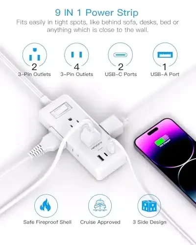 Extension Cord 15 Ft, HANYCONY Flat Plug Long Cord Power Strip, Ultra Thin Extension Cord, 6 Outlets 3 USB Ports(2 USB C), Outlet Extender with Wall Mount for Home Office Desk Accessories - 6